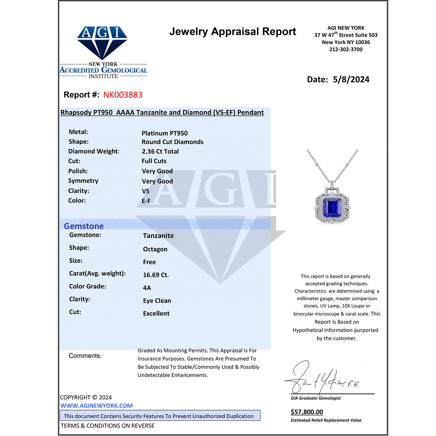 CHAIRMAN VAULT COLLECTION - AAAA Tansanit, Weißer Diamant AGI zertifiziert Halskette, zertifiziert und geprüft, 950 Platin ca. 20.05 ct
