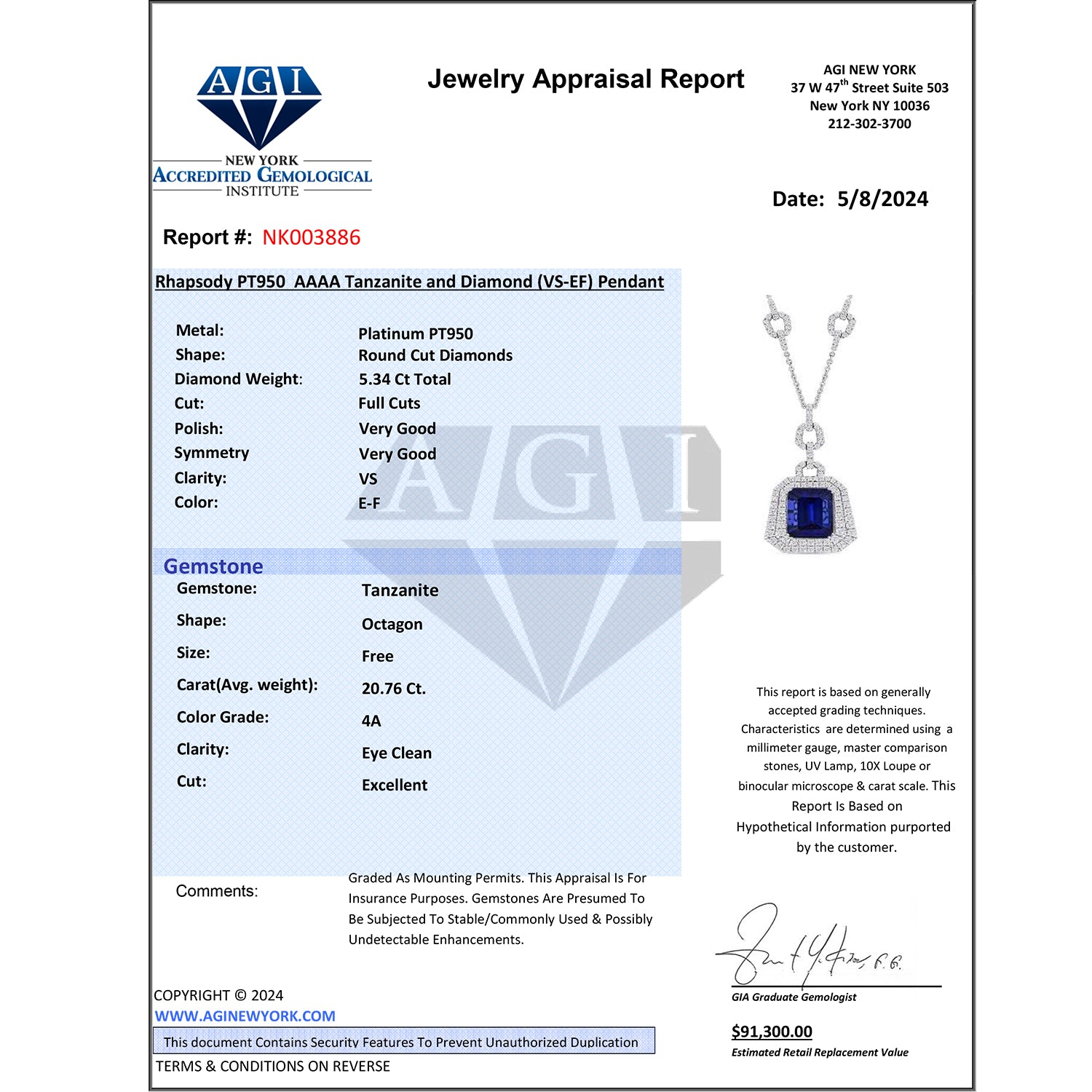 CHAIRMAN VAULT COLLECTION - AAAA Tansanit, Weißer Diamant AGI zertifiziert Halskette, zertifiziert und geprüft, 950 Platin ca. 26.06 ct