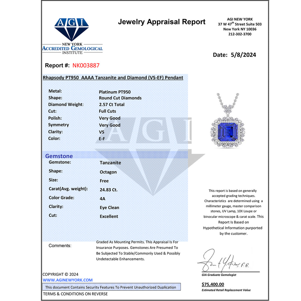 CHAIRMAN VAULT COLLECTION - AAAA Tansanit, Weißer Diamant AGI zertifiziert Anhänger, zertifiziert und geprüft, 950 Platin ca. 27.39 ct