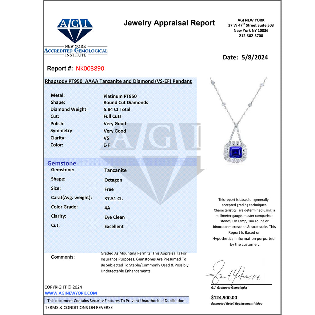 CHAIRMAN VAULT COLLECTION - AAAA Tansanit, Weißer Diamant AGI zertifiziert Anhänger, zertifiziert und geprüft, 950 Platin ca. 43.35 ct