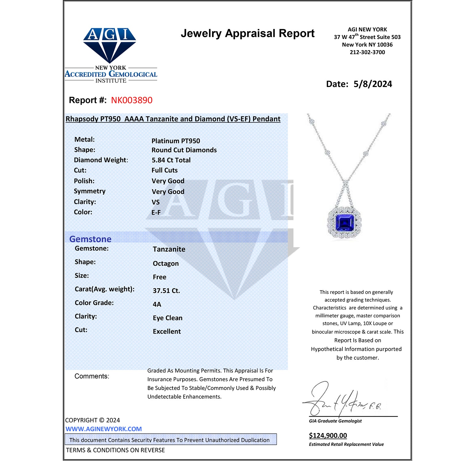 CHAIRMAN VAULT COLLECTION - AAAA Tansanit, Weißer Diamant AGI zertifiziert Anhänger, zertifiziert und geprüft, 950 Platin ca. 43.35 ct