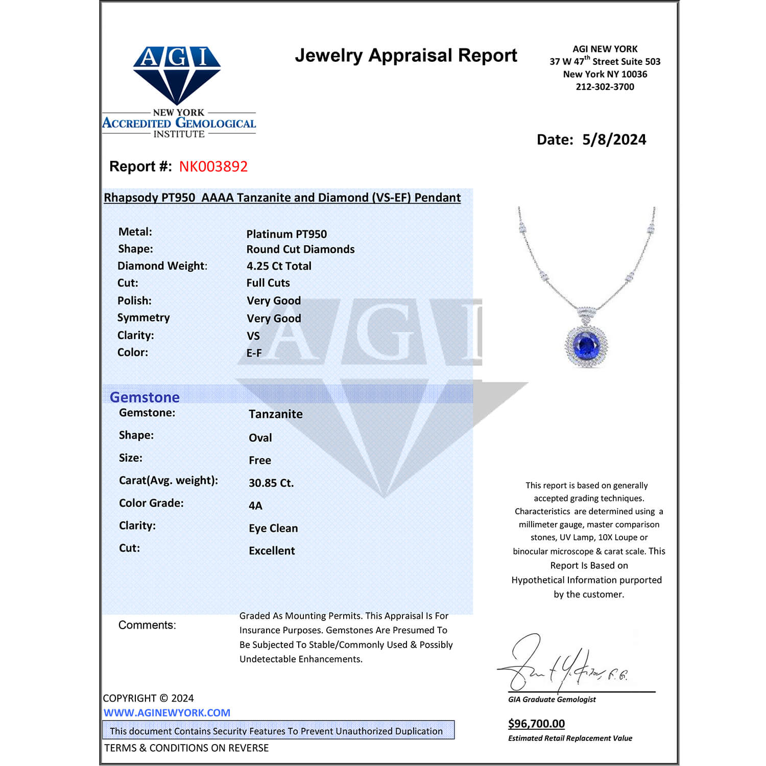 CHAIRMAN VAULT COLLECTION - AAAA Tansanit, Weißer Diamant AGI zertifiziert Anhänger, zertifiziert und geprüft, 950 Platin ca. 35.06 ct