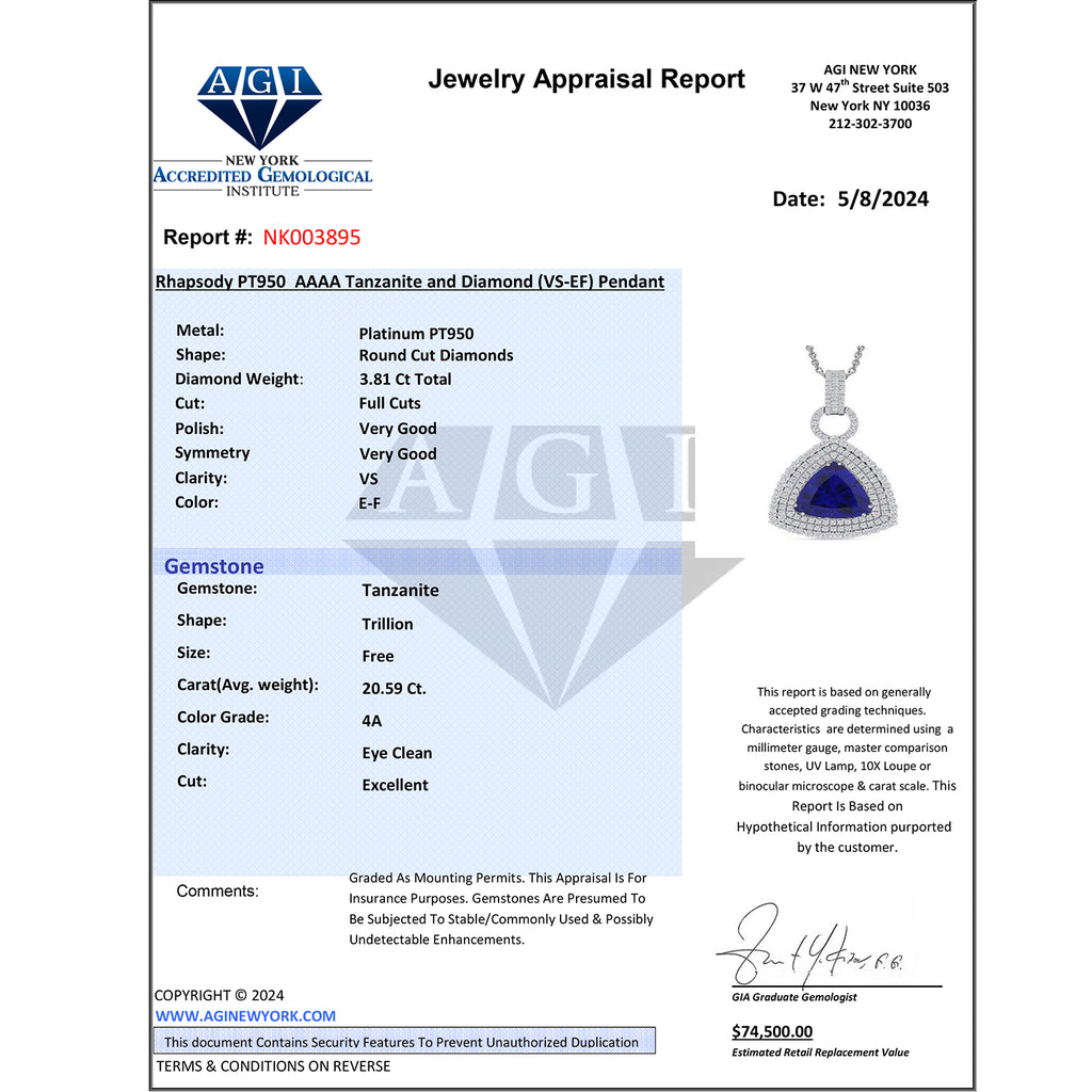 CHAIRMAN VAULT COLLECTION - AAAA Tansanit, Weißer Diamant AGI zertifiziert Anhänger, zertifiziert und geprüft, 950 Platin ca. 24.39 ct