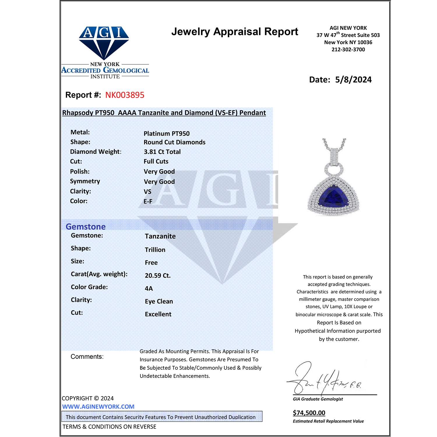 CHAIRMAN VAULT COLLECTION - AAAA Tansanit, Weißer Diamant AGI zertifiziert Anhänger, zertifiziert und geprüft, 950 Platin ca. 24.39 ct