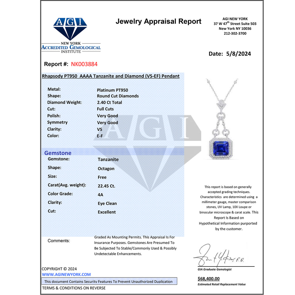 CHAIRMAN VAULT COLLECTION - AAAA Tansanit, Weißer Diamant AGI zertifiziert Anhänger, zertifiziert und geprüft, 950 Platin ca. 24.86 ct