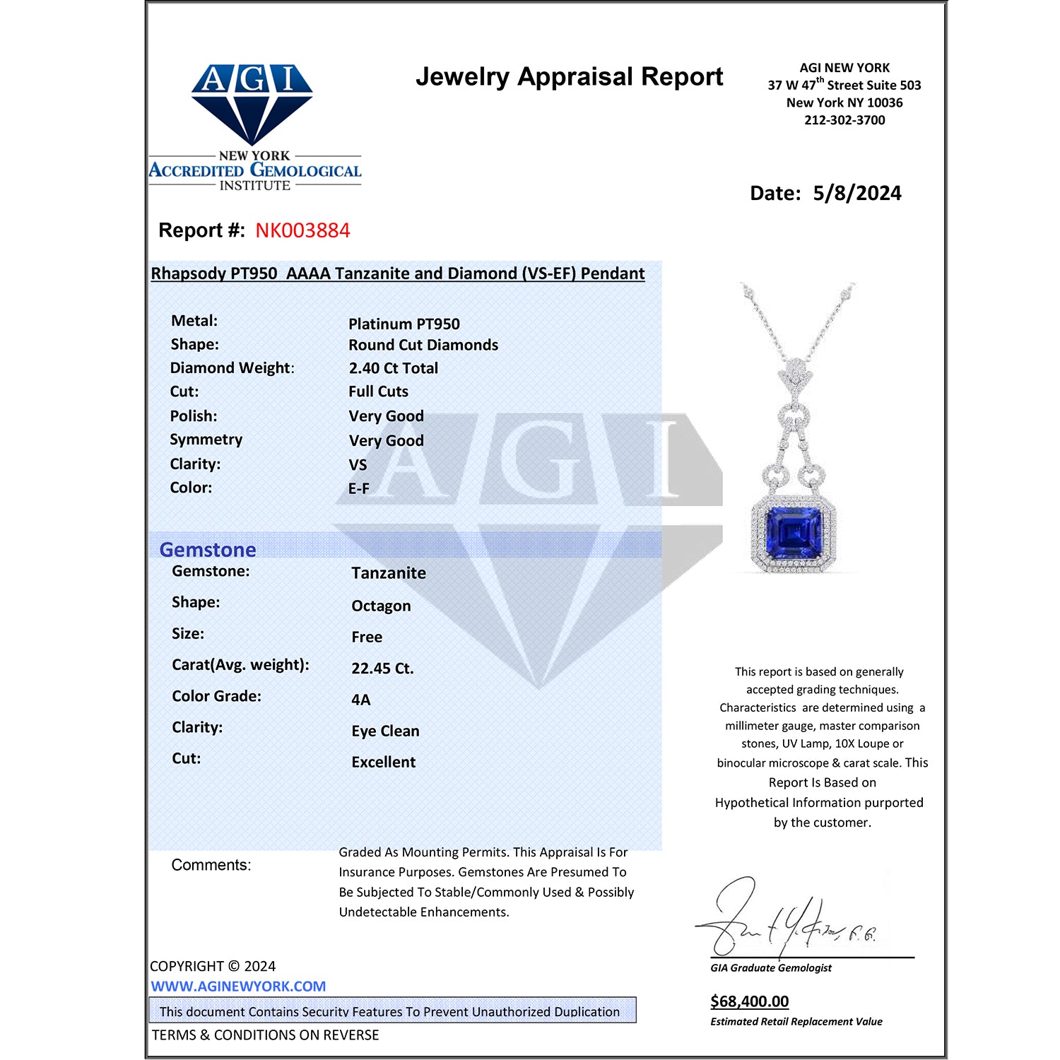CHAIRMAN VAULT COLLECTION - AAAA Tansanit, Weißer Diamant AGI zertifiziert Anhänger, zertifiziert und geprüft, 950 Platin ca. 24.86 ct