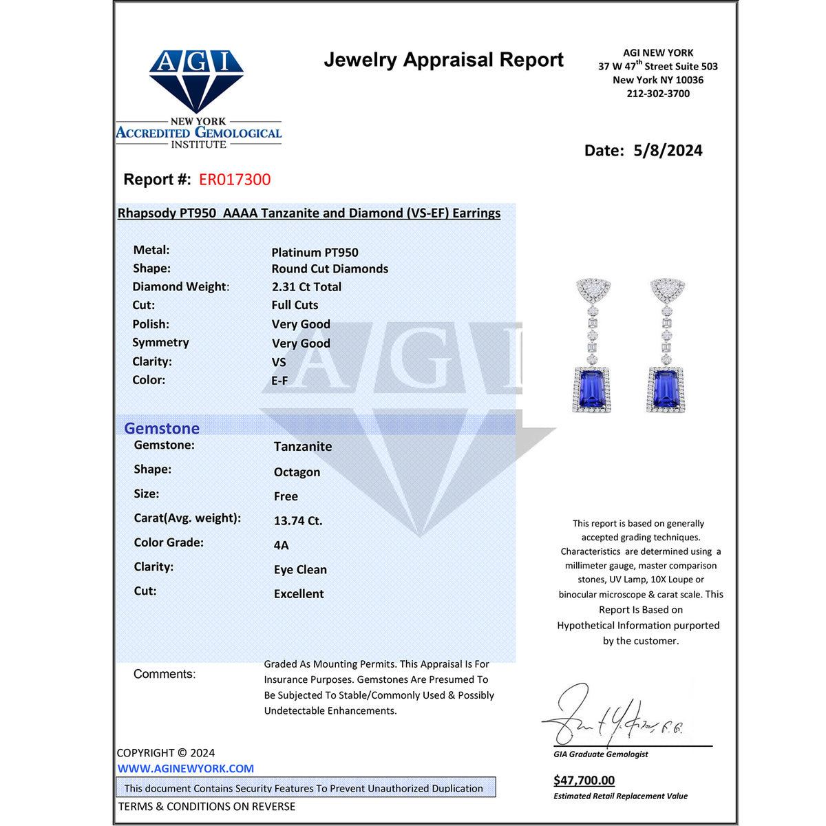 CHAIRMAN VAULT COLLECTION - AAAA Tansanit, Weißer Diamant AGI zertifiziert Ohrringe, zertifiziert und geprüft, 950 Platin ca. 16.06 ct