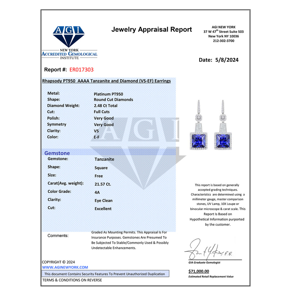 CHAIRMAN VAULT COLLECTION - AAAA Tansanit, Weißer Diamant AGI zertifiziert Ohrringe, zertifiziert und geprüft, 950 Platin ca. 24.04 ct