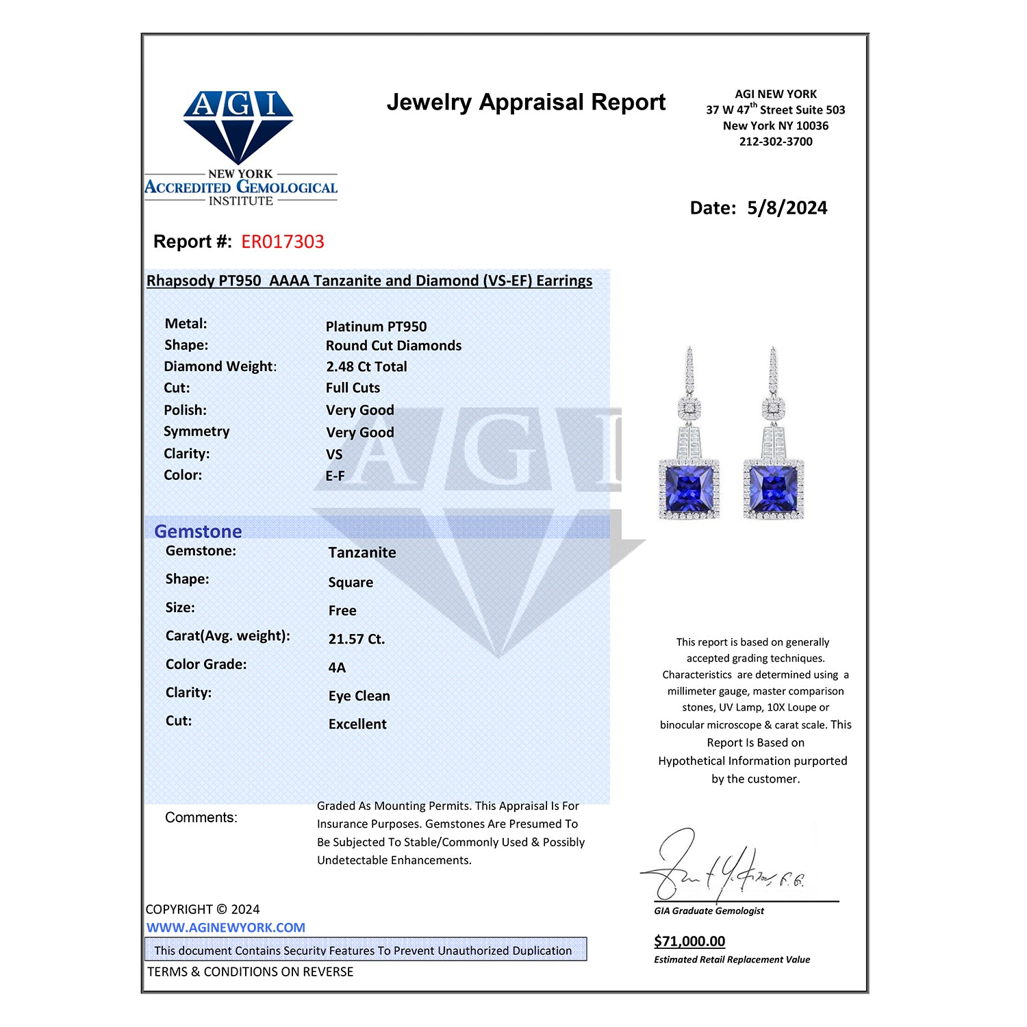 CHAIRMAN VAULT COLLECTION - AAAA Tansanit, Weißer Diamant AGI zertifiziert Ohrringe, zertifiziert und geprüft, 950 Platin ca. 24.04 ct