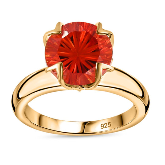 Lab Grown Padparadscha-Saphir, Weißer Zirkon Hanabi Schliff Ring, 925 Silber Gelbgold Vermeil ca. 5.37 ct