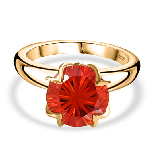 Lab Grown Padparadscha-Saphir, Weißer Zirkon Hanabi Schliff Ring, 925 Silber Gelbgold Vermeil ca. 5.37 ct