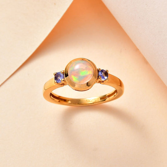 AA Natürlicher, äthiopischer Welo Opal, Tansanit Ring 925 Silber vergoldet ca. 0,74 ct