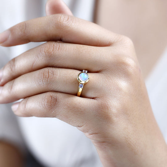 AA Natürlicher, äthiopischer Welo Opal, Tansanit Ring 925 Silber vergoldet ca. 0,74 ct