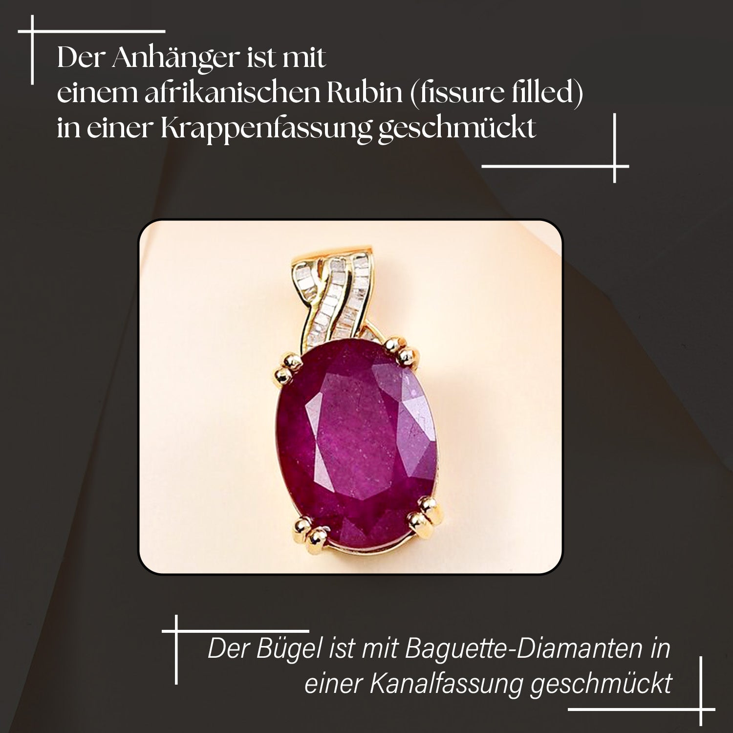 Afrikanischer Rubin (Fissure gefüllt), Weißer Diamant Anhänger 925 Silber vergoldet ca. 15,27 ct.