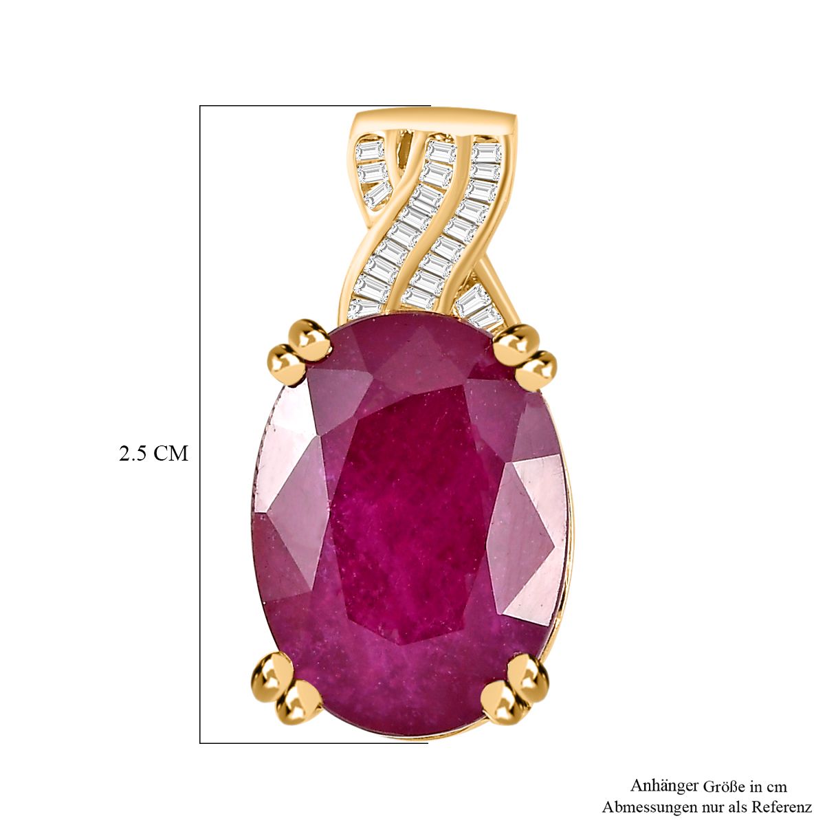Afrikanischer Rubin (Fissure gefüllt), Weißer Diamant Anhänger 925 Silber vergoldet ca. 15,27 ct.