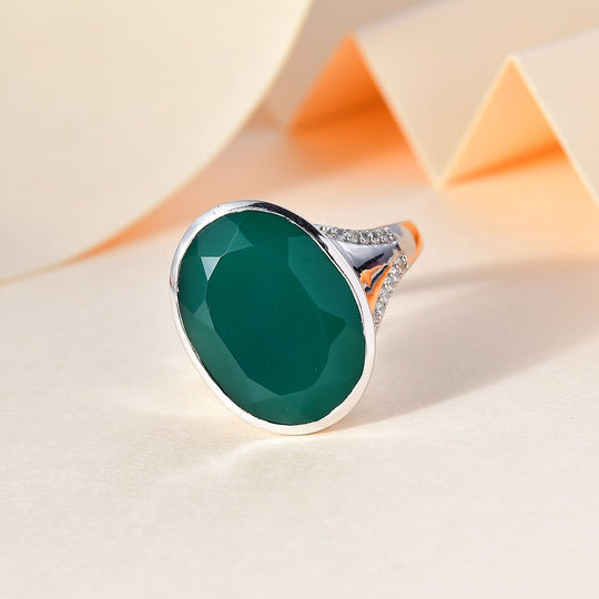 Verde Onyx, Weißer Zirkon Ring 925 Silber platiniert (Größe 18.00) ca. 14,78 ct