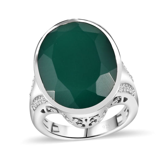 Verde Onyx, Weißer Zirkon Ring 925 Silber platiniert (Größe 18.00) ca. 14,78 ct