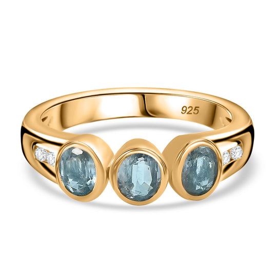 TUCSON FIND - Natürlicher AA Aqua Kyanit, Weißer Zirkon Ring 925 Silber Gelbgold Vermeil (Größe 17.00) ca. 1.44 ct
