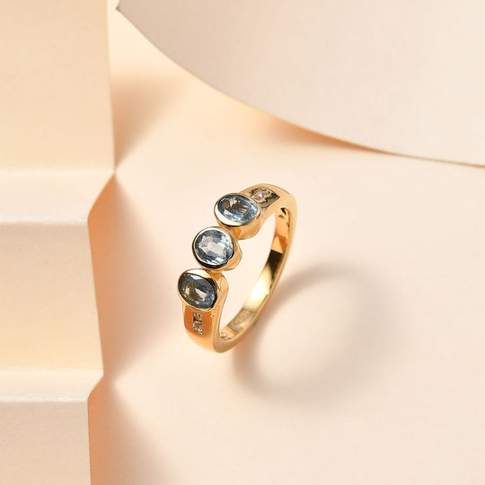 TUCSON FIND - Natürlicher AA Aqua Kyanit, Weißer Zirkon Ring 925 Silber Gelbgold Vermeil (Größe 21.00) ca. 1.44 ct