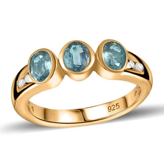TUCSON FIND - Natürlicher AA Aqua Kyanit, Weißer Zirkon Ring 925 Silber Gelbgold Vermeil (Größe 21.00) ca. 1.44 ct