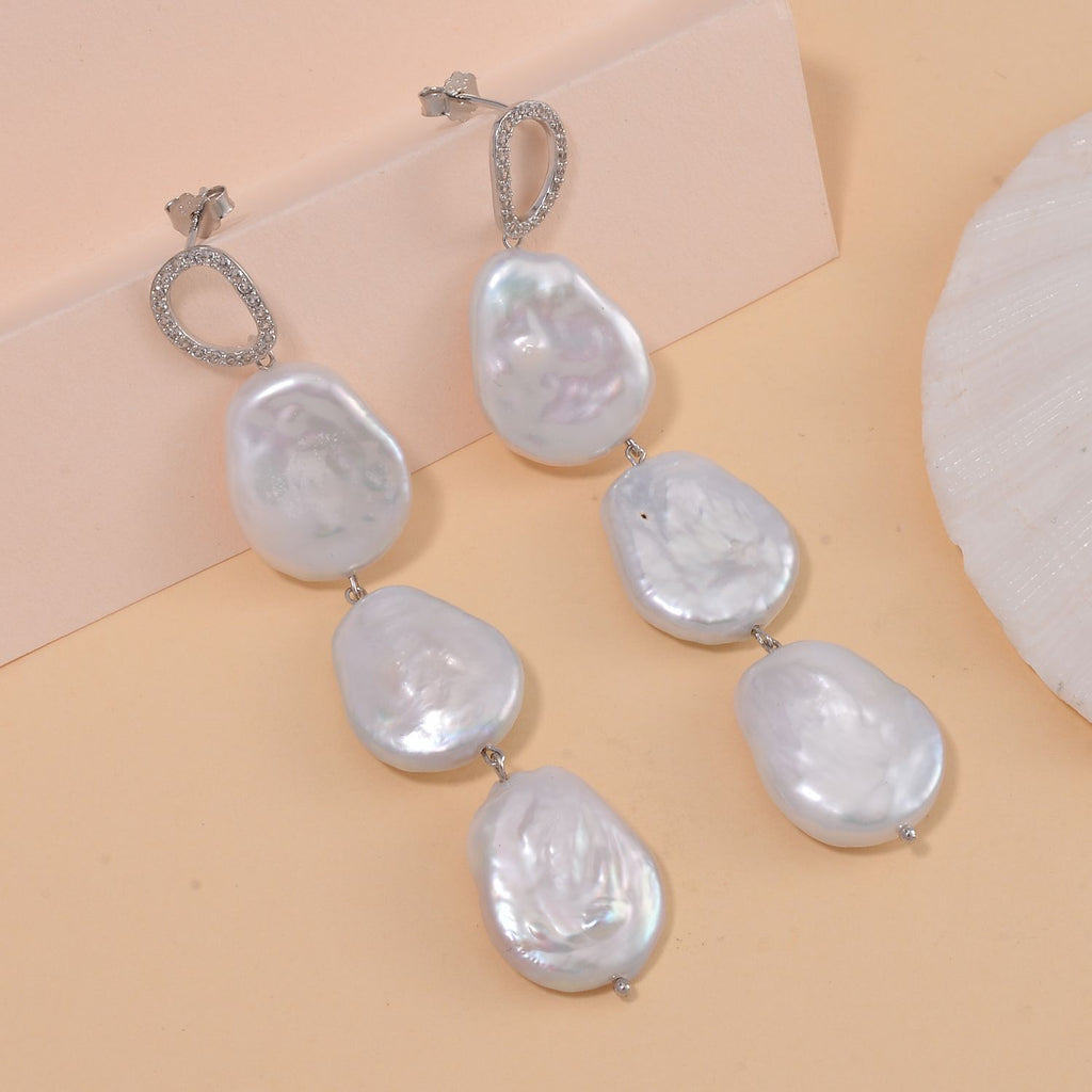 Weiße Keshi Perle, Weißer Zirkon Ohrringe 925 Silber rhodiniert