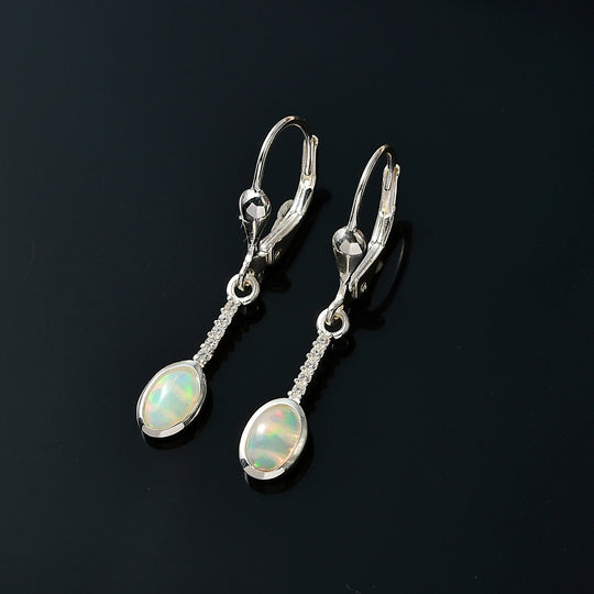 Natürlicher, äthiopischer Welo Opal, Weißer Zirkon Ohrringe 925 Silber ca. 0,72 ct.