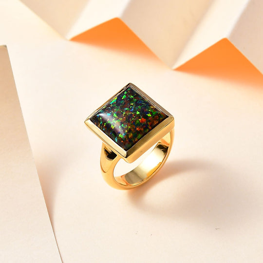 Lab Grown schwarzen Opal Ring, 925 Silber 750 Gelbgold Vermeil (Größe 18.00) ca. 3.05 ct