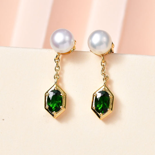 Perle, Natürlicher Chromdiopsid Ohrringe 925 Silber 750 Gelbgold Vermeil