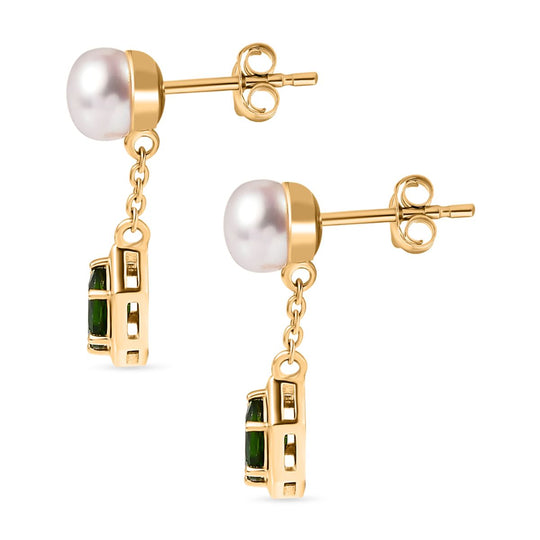Perle, Natürlicher Chromdiopsid Ohrringe 925 Silber 750 Gelbgold Vermeil
