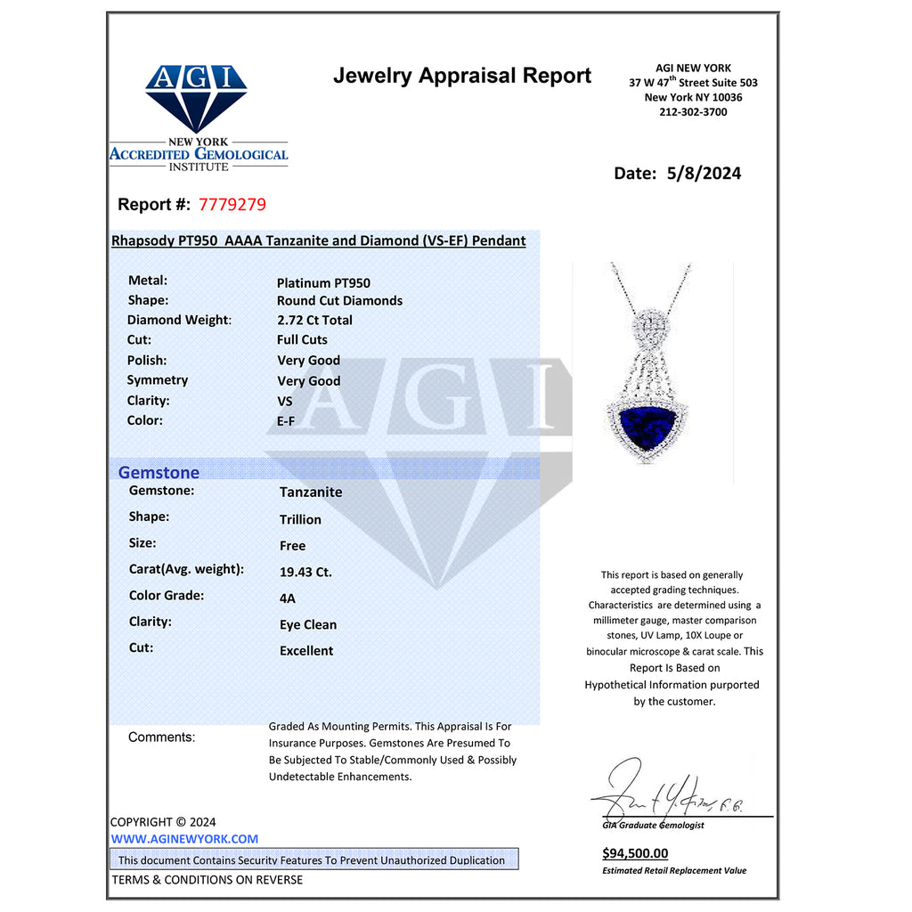 CHAIRMAN VAULT COLLECTION - AAAA Tansanit, Weißer Diamant AGI zertifiziert Anhänger, zertifiziert und geprüft, 950 Platin ca. 22.15 ct