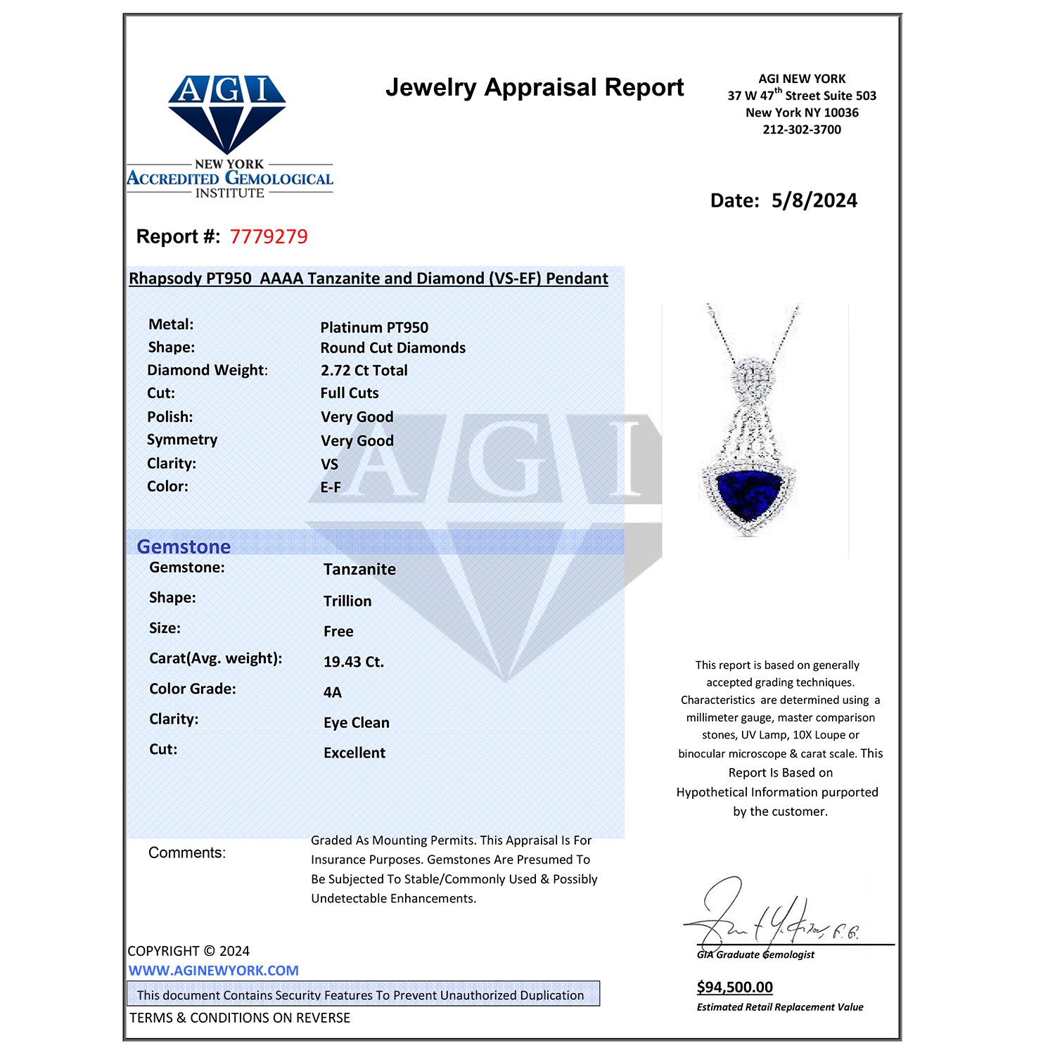 CHAIRMAN VAULT COLLECTION - AAAA Tansanit, Weißer Diamant AGI zertifiziert Anhänger, zertifiziert und geprüft, 950 Platin ca. 22.15 ct
