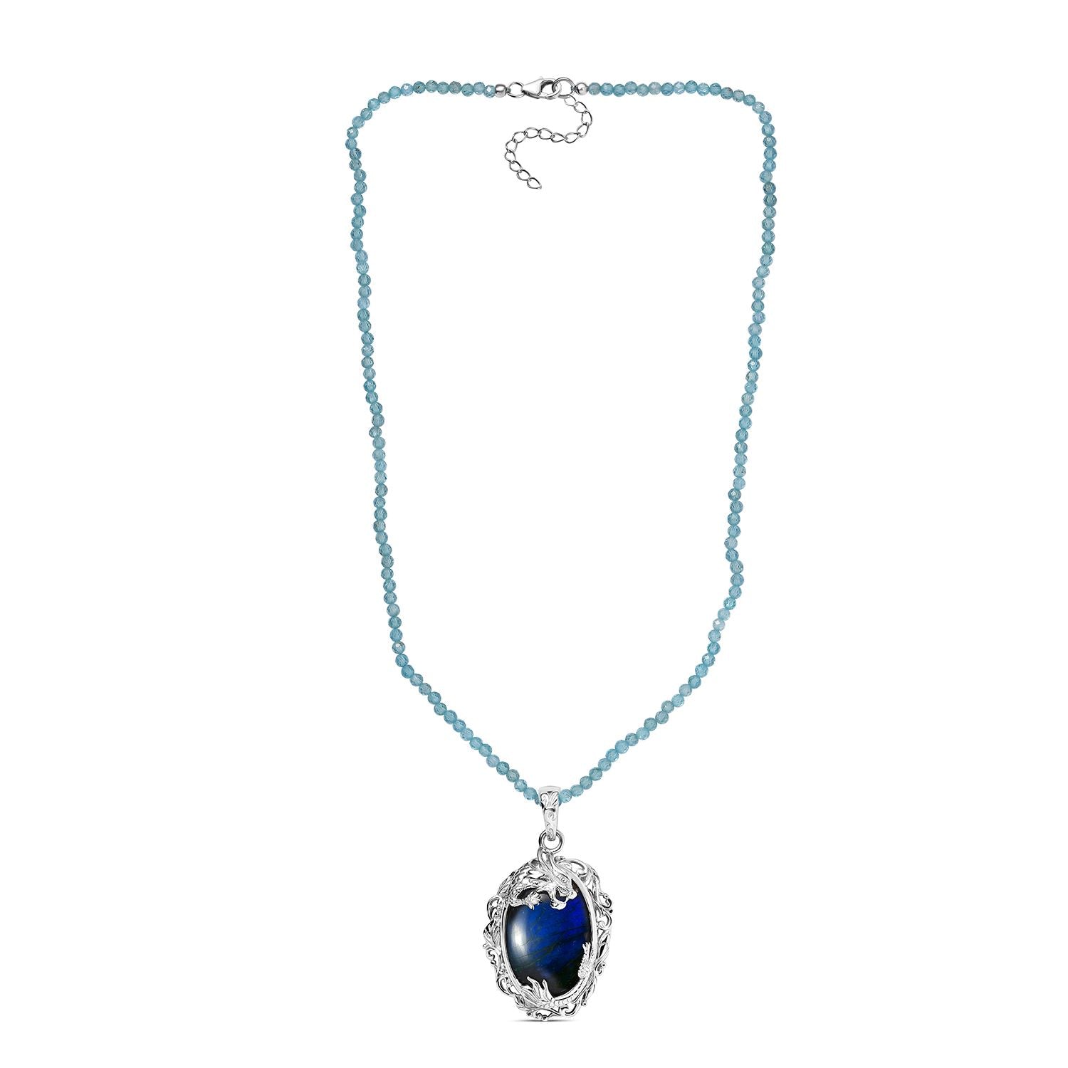 AAA Labradorit, Apatit Halskette ca. 45 cm 925 Silber rhodiniert ca. 72.70 ct