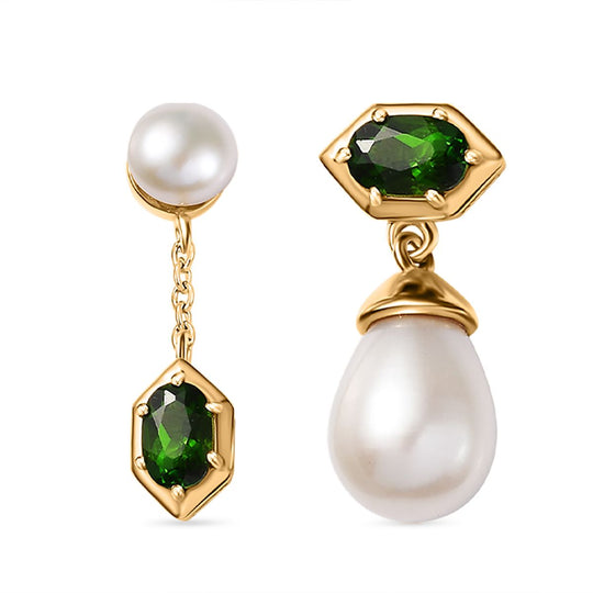 Perle, Natürlicher Chromdiopsid Ohrringe 925 Silber 750 Gelbgold Vermeil