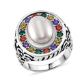 Weiße Muschelkernperle, Mehrfarbiger Zirkonia Ring Reiner Edelstahl (Größe 20.00)