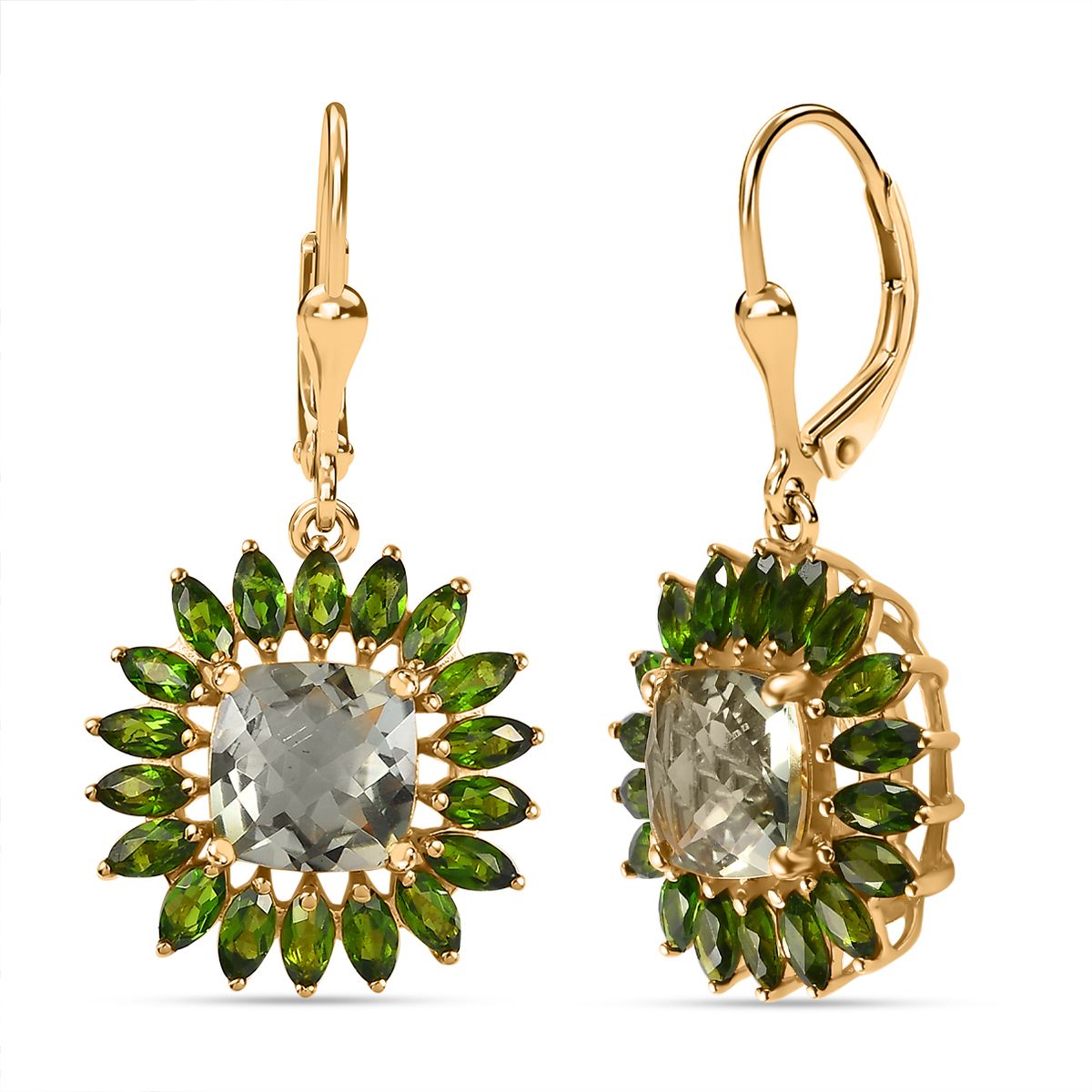 Prasiolite, Natürlicher Chromdiopsid Ohrringe 925 Silber 750 Gelbgold Vermeil ca. 7,83 ct.