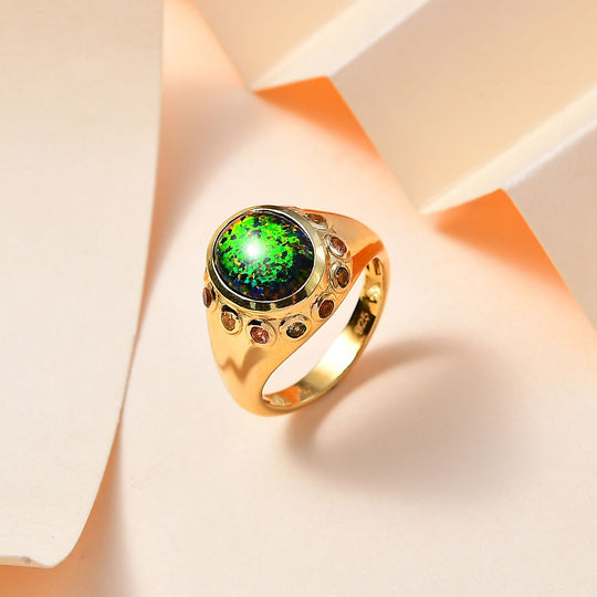 Lab Grown schwarzen Opal, Mehrfarbiger-Turmalin Ring, 925 Silber 750 Gelbgold Vermeil (Größe 20.00) ca. 1.99 ct