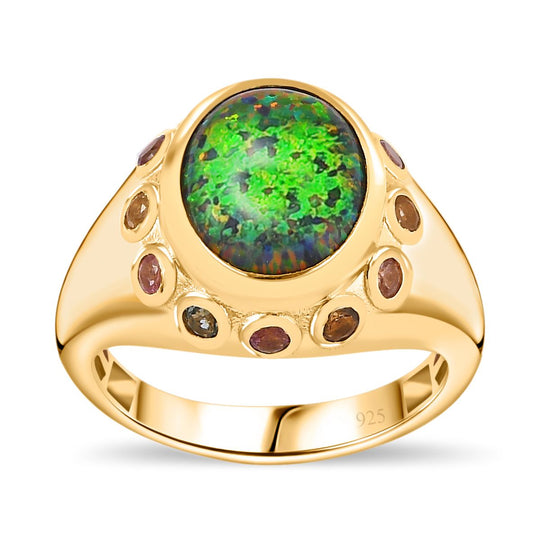 Lab Grown schwarzen Opal, Mehrfarbiger-Turmalin Ring, 925 Silber 750 Gelbgold Vermeil (Größe 20.00) ca. 1.99 ct