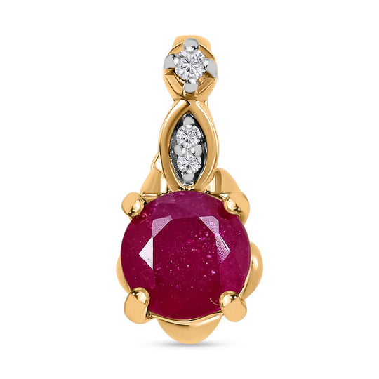 Afrikanischer Rubin (Fissure gefüllt), Weißer Zirkon Anhänger 925 Silber 750 Gelbgold Vermeil ca. 1.38 ct