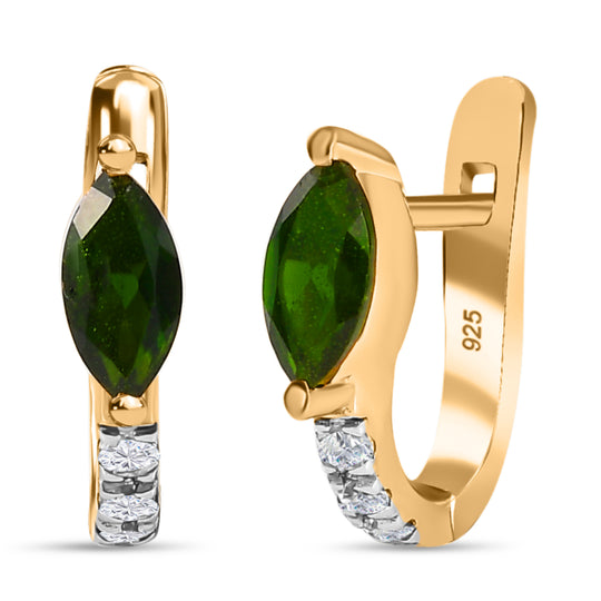 Natürlicher Chromdiopsid, Weißer Zirkon Ohrringe 925 Silber 750 Gelbgold Vermeil ca. 0.91 ct