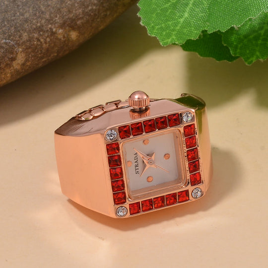 STRADA - Ringuhr mit Neongrüner Kristall und Weißkristall, Japanischem Uhrwerk, 7.5 cm, Reiner Edelstahl