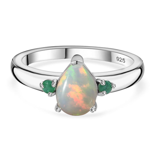 AA Natürlicher, äthiopischer Welo Opal, Kagem Sambischer Smaragd Ring, 925 Silber platiniert ca. 0.72 ct