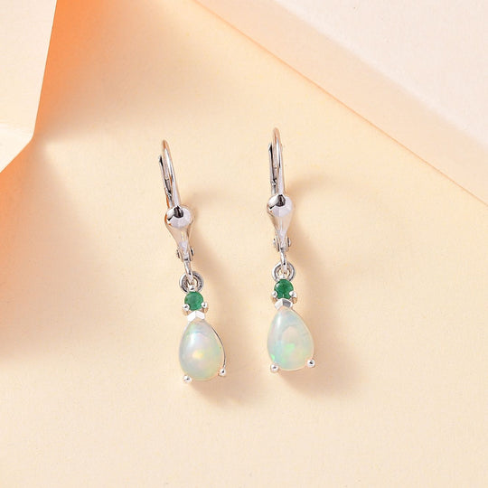 AA Natürlicher, äthiopischer Welo Opal, Kagem Sambischer Smaragd Ohrringe 925 Silber platiniert ca. 0,88 ct.