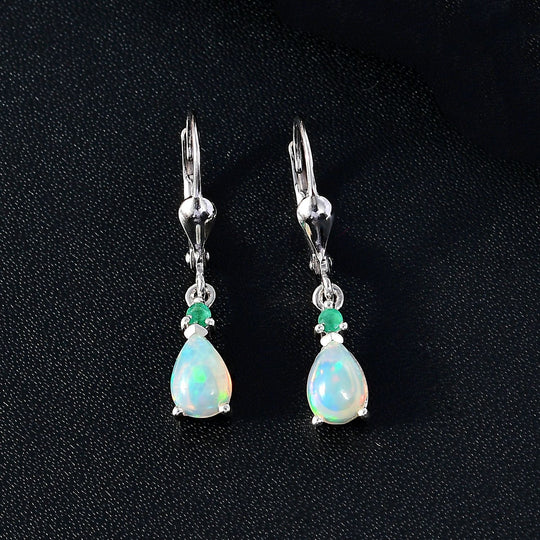 AA Natürlicher, äthiopischer Welo Opal, Kagem Sambischer Smaragd Ohrringe 925 Silber platiniert ca. 0,88 ct.
