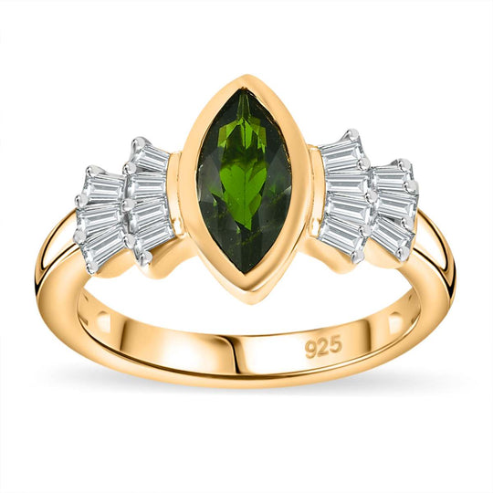 Natürlicher Chromdiopsid, Weißer Zirkon Ring 925 Silber 750 Gelbgold Vermeil (Größe 19.00) ca. 1,61 ct