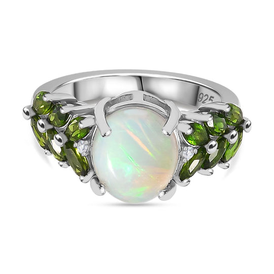 AA Natürlicher, äthiopischer Welo Opal, Natürlicher Chromdiopsid Ring 925 Silber rhodiniert (Größe 20.00) ca. 2,74 ct