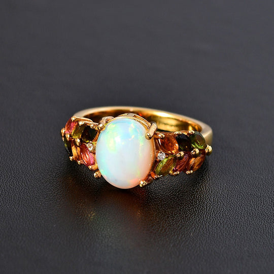 AA Natürlicher, äthiopischer Welo Opal, Mehrfarbig-Turmalin Ring 925 Silber 750 Gelbgold Vermeil (Größe 21.00) ca. 2,70 ct