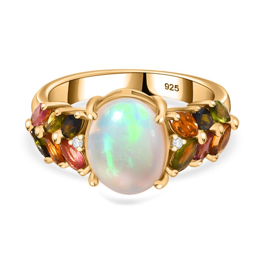 AA Natürlicher, äthiopischer Welo Opal, Mehrfarbig-Turmalin Ring 925 Silber 750 Gelbgold Vermeil (Größe 21.00) ca. 2,70 ct
