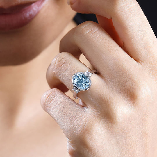 Himmelblauer Topas, Weißer Zirkon Ring 925 Silber rhodiniert ca. 3.14 ct