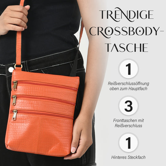 CLOSE OUT - Echtleder Crossbody Tasche mit Kroko Prägung, Multi-Fächer, 20 x 24 cm, Cognac