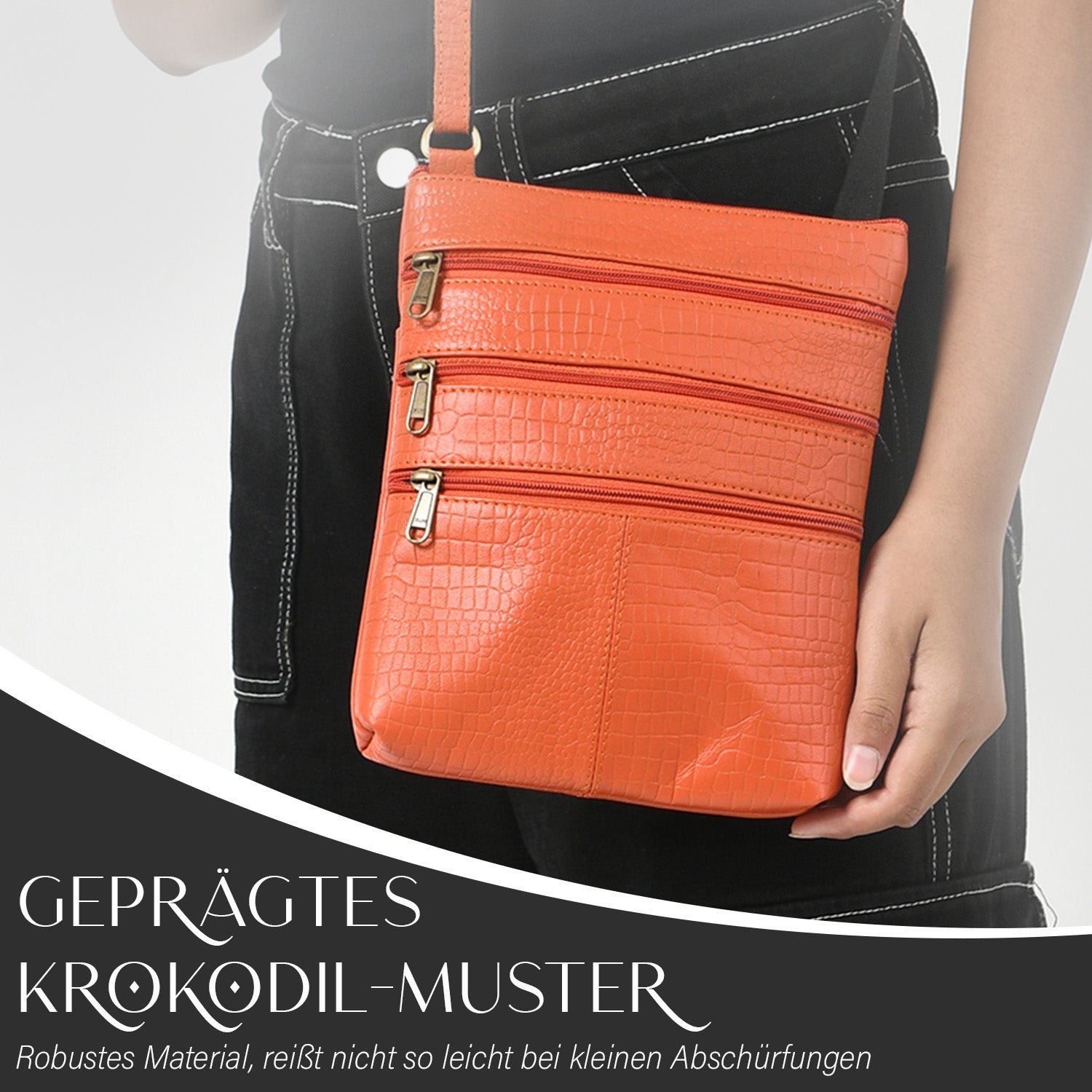 CLOSE OUT - Echtleder Crossbody Tasche mit Kroko Prägung, Multi-Fächer, 20 x 24 cm, Cognac
